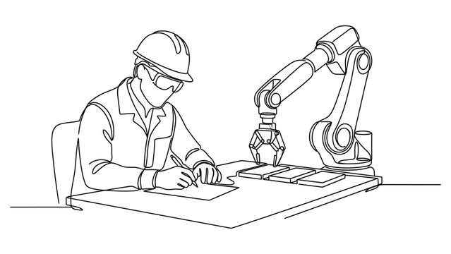 continuous line art man working with robotic arm and blueprint.