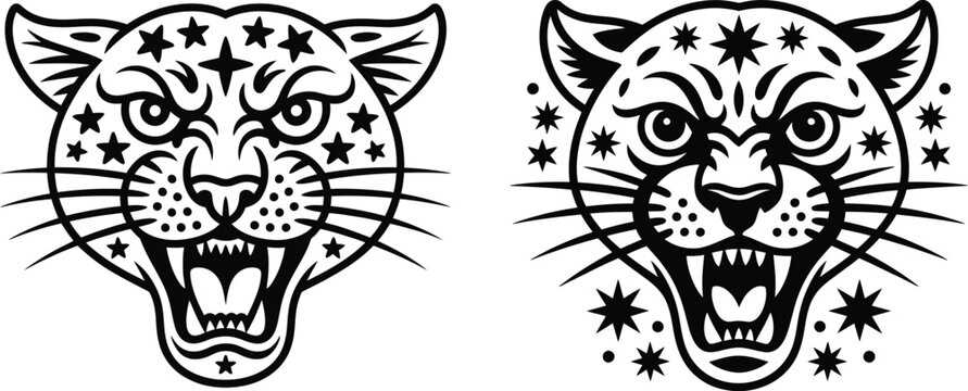 Leopard head graphic illustration with stars and whiskers tattoo style wild cat art black and white predator whiskers wildlife celestial decorative