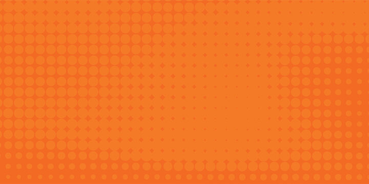 Background orange halftone pattern. Retro comic gradient background. Bright orange pixelated dotted texture overlay. Cartoon pop art faded gradient pattern vector illustration