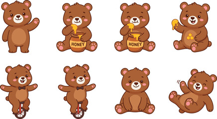 Cute Teddy Bear Cartoon Collection with Honey Jar Funny Poses and Playful Character Vector Illustration Set for Kids © MdMostafijur