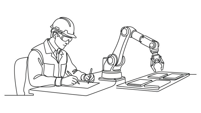 continuous line art man working with robotic arm in factory.
