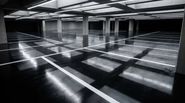 Modern empty parking garage interior with gleaming polished floor and stark white lines reflecting overhead lighting