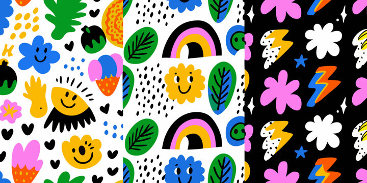 playful pattern with smiling faces rainbows and floral elements