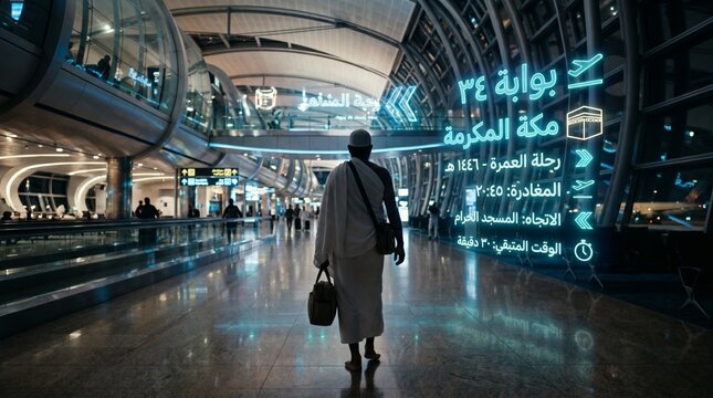 Pilgrim in ihram clothing looking at flight information with holographic airport interface