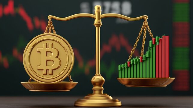 Golden scale balancing digital currency symbol on one side and rising bar chart in green and red on the other, representing value and financial growth concept