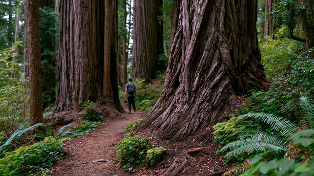 Old growth redwood forest path winding between cathedral-like trunks wider than cars, single hiker dwarfed by scale, soft diffused light indicating overcast Pacific coast morning, ideal for giant re