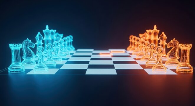 a chess board with blue and orange pieces illustration