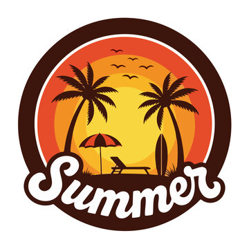 Retro Summer Beach Logo with Palm Trees and Sunset Illustration