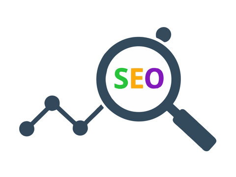 SEO Optimization Magnifying Glass with Growth Chart Icon, Search Engine Optimization Performance Analysis and Ranking Concept