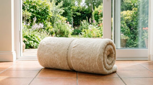 Rolled plush pet mat with memory foam cushioning resting on a tiled floor near an outdoor garden view
