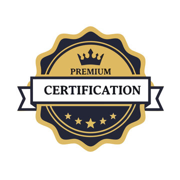 Premium Quality Certification Badge with Crown and Stars, Gold and Dark Blue Certified Excellence Stamp or Quality Emblem