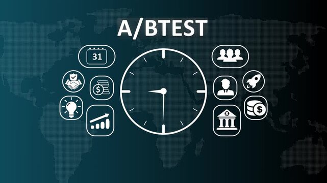 Digital marketing A/B test and split testing comparison concept video featuring icons for website optimization, user experience research, and conversion rate analysis dashboard.