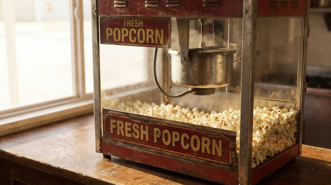 Vintage popcorn machine showing fresh popcorn on wooden table  