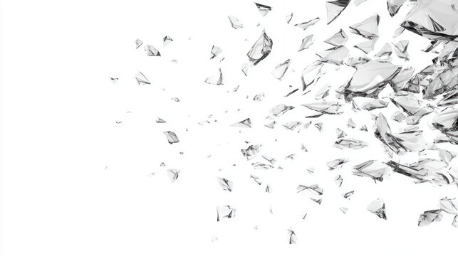 Abstract explosion of transparent glass shards against a clean white background