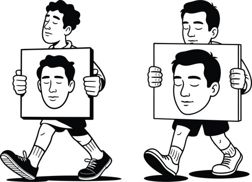 Two men walking and carrying framed portraits of their own faces with self awareness black and white carrying portraits identity individualism symbolism