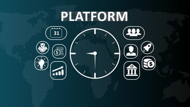 Modern digital business platform technology concept animation featuring icons for cloud infrastructure, software service integration, and global network connectivity dashboard.