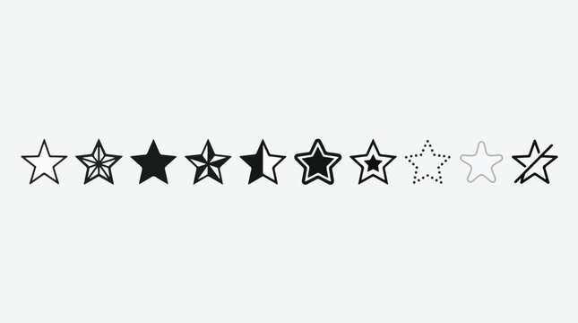 Star icon set. Rating, favorite and feedback symbol collection including outline, solid, half, dotted, faceted, and crossed-out stars for UI UX design
