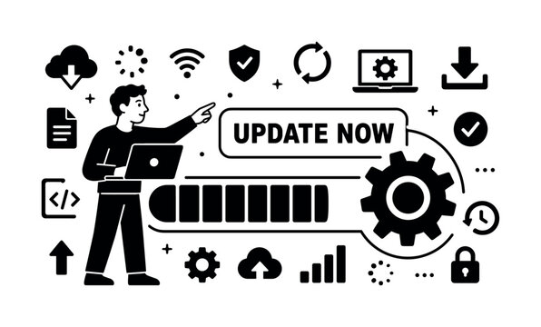 Software Update Progress Banner. Clean solid banner with one character and oversized progress bar with gear, elements fill all edges, large bar and cog dominate, small details like download arrows,