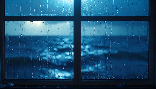 Rain-streaked window view of a dark, blurry sea with light breaking through