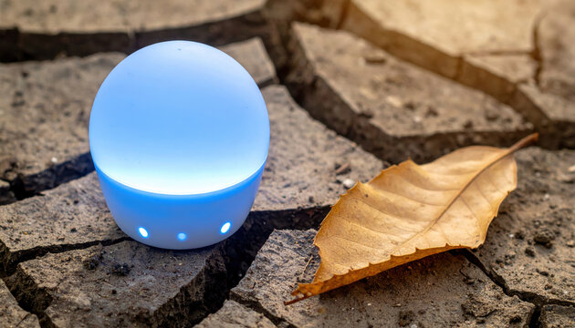 Water scarcity technology concept blue smart sensor on cracked soil with dry leaf showing urgent drought monitoring