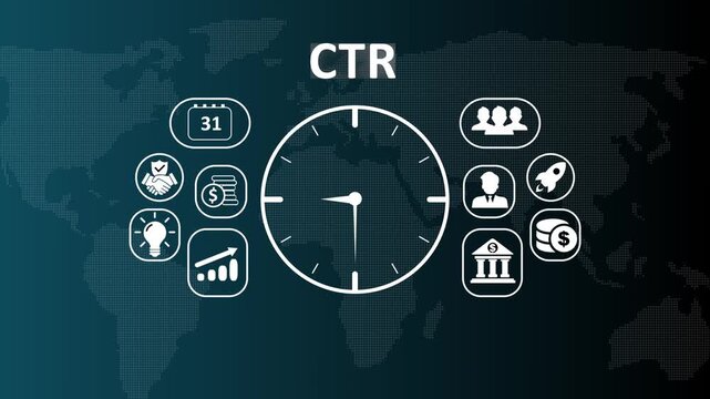 Digital advertising CTR Click-Through Rate performance concept video displaying icons for link clicks, marketing conversion success, and audience engagement metrics dashboard.