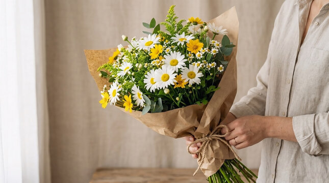 Wanita Memegang Buket Bunga Daisy Liar yang Cantik Terbungkus Kertas Cokelat Rapi4