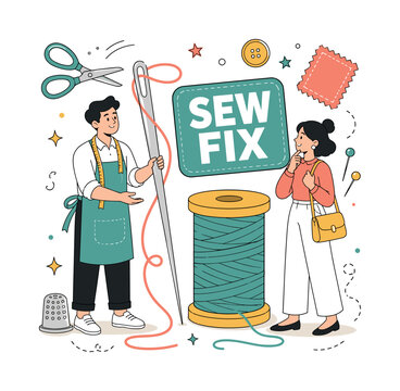 Sewing Craft Workshop. A tailor and a customer work around oversized needle and thread spool objects, with small scissors, button, thimble, fabric patch, and pin details filling the edges, bold