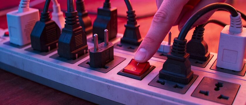 Hand turning off red power switch on crowded extension cord
