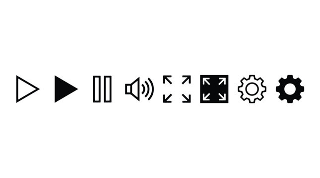 Video player icon set including symbols of play, pause, volume speaker, fullscreen, settings gear. Media control UI interface icons for web apps.