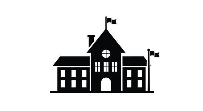 black silhouette of a school building with flags