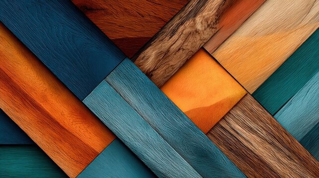 Abstract geometric pattern of colorful wood planks and textured surfaces