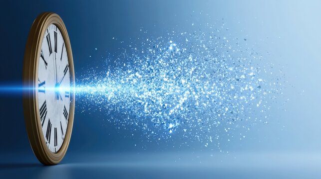 Vintage round analog clock wall showing time with digital particle dissolving effect representing concept of time passing or disappearing on blue background