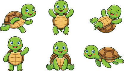 Cute Turtle Cartoon Character Collection with Happy Smiling Poses and Funny Reptile Vector Illustration Set for Kids