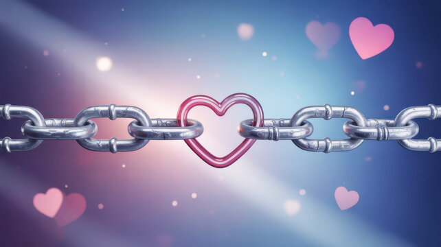 Strong romantic bond connection symbolized by metal chain and heart link
