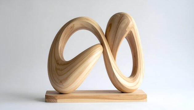 Wooden sculpture of Mobius strip, light colored wood, mounted on base