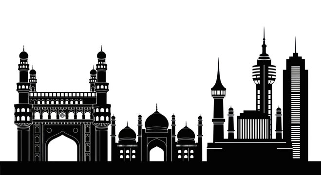 Hyderabad City Skyline Silhouette - Charminar, Taj Falaknuma Palace, Modern Buildings