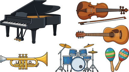 Collection of classic musical instruments including grand piano violin acoustic guitar trumpet drum set and maracas for concert posters © Afsana