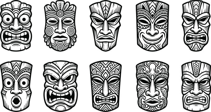 Set of traditional tiki masks with various facial expressions and tribal patterns for Hawaiian party decor and Polynesian cultural design