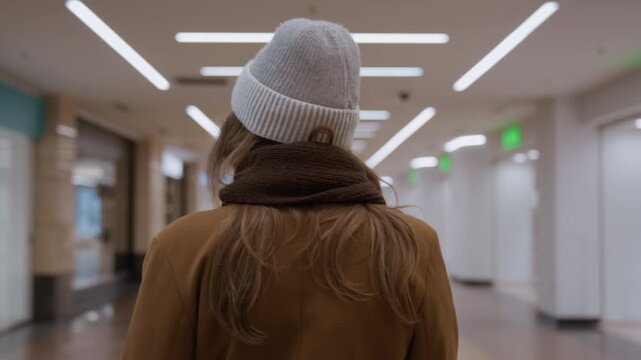 Woman walking mall corridor wearing brown coat and knit hat, slow steps across tiled floor, empty storefronts and soft overhead lighting, back shot focuses on coat texture and winter flakes on hair,