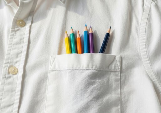 colorful pencils in white shirt pocket for back to school or office concept