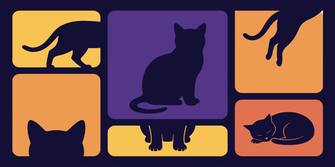 Fototapeta premium Stylized illustration of various cat silhouettes in colorful square blocks.