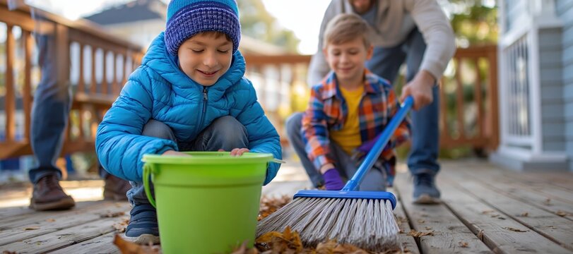 Father and son cleaning patio together outdoors
