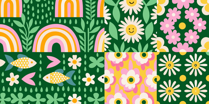Colorful floral and nature pattern with rainbows and fish vector illustration