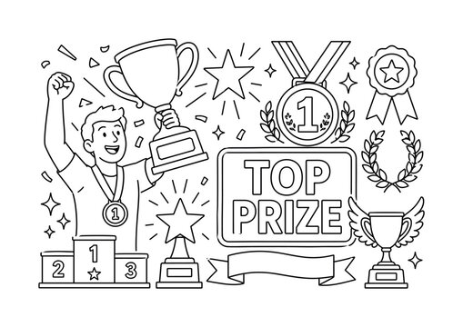Victory Trophy Awards. Clean outline banner scene of champion success and prize symbols: winner raising oversized trophy cup and first place medal as main objects, small laurel wreath, star, ribbon,