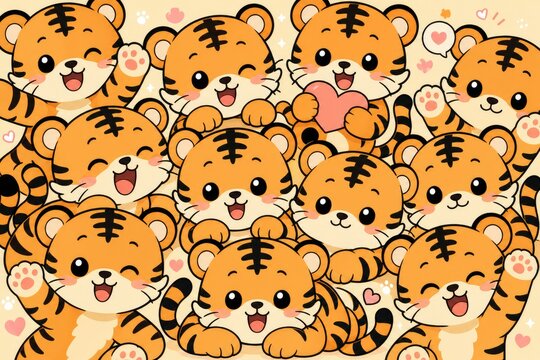 Adorable cartoon tiger cubs cluster in playful, kawaii style with pastel hearts and stars, cheerful orange and white color scheme, cute chibi faces, whimsical and friendly mood for children's