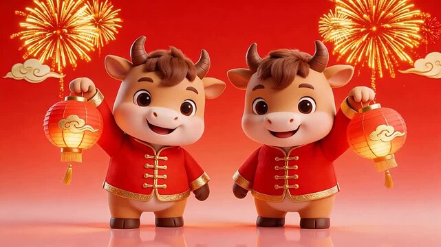 Two cartoon cows in red hanfu with glowing lanterns