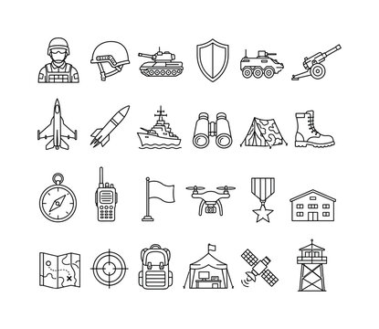 Military Defense Combat. Line icon set of military, defense and war themes: soldier, helmet, tank, shield, armored vehicle, artillery cannon, warplane, missile, warship, binoculars, camouflage tent,