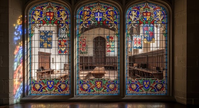 Intricate medieval gothic stained glass window featuring heraldic crests and colorful patterns within an ancient hall