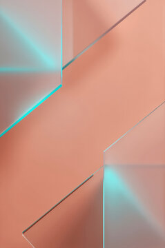 Translucent geometric planes intersect at sharp angles against a muted terracotta backdrop, with cyan light bleeding through edges like liquid neon. A single diagonal beam cuts across the frame from