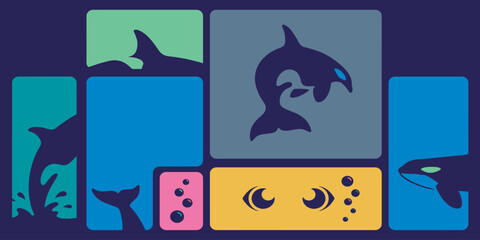 Colorful graphic design of killer whales swimming in the ocean, abstract art. © Riki
